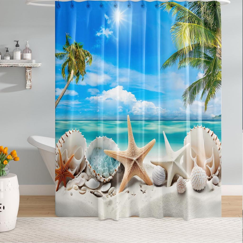 Peopleareok Nautical Coastal Shower Curtain, Funny Kids Sea Turtle Seashell Starfish Shower Curtain for Bathroom Decor, Polyeste