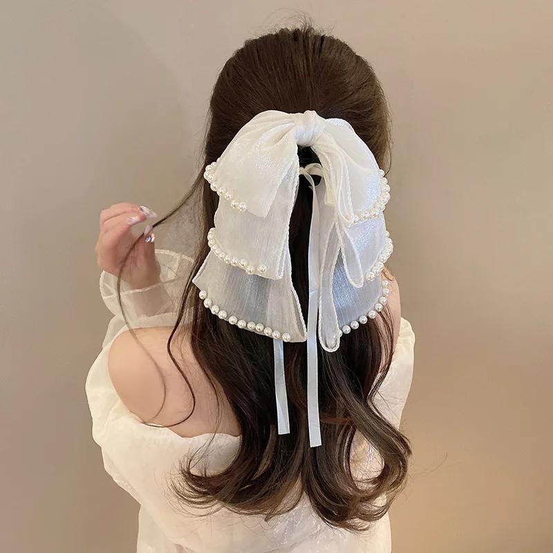 Woman Large Three-layers Gauze Pearl Ribbon Bowknot Hair Claws Lady Hairpins Barrettes Gilrs Elegant Hair Clips Hair Accessories