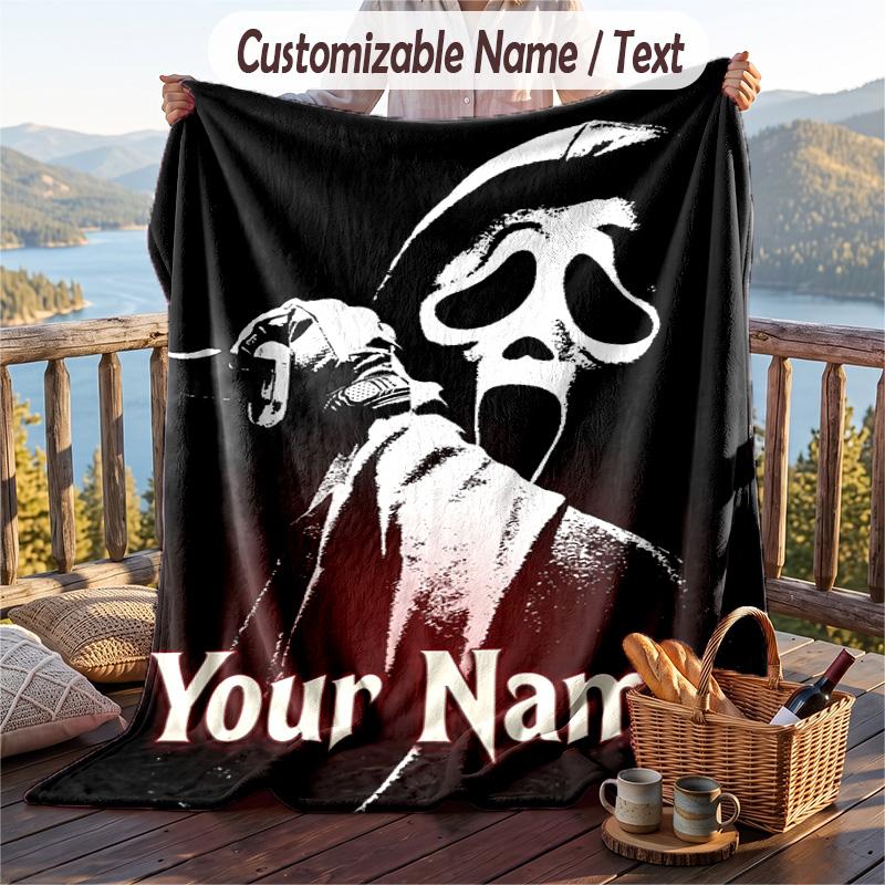 Custom Text Flannel Throw Blanket, Lightweight Cozy Bed Sofa BlanketScream Ghostface