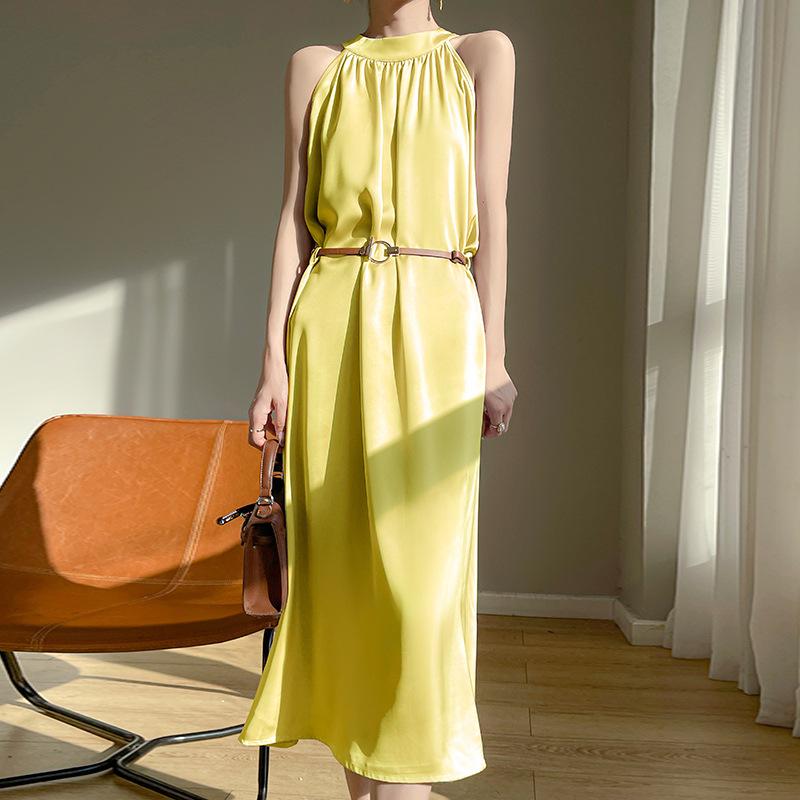 2024 Summer Women's French Retro Acetate Satin Halter Neck Sleeveless Dress
