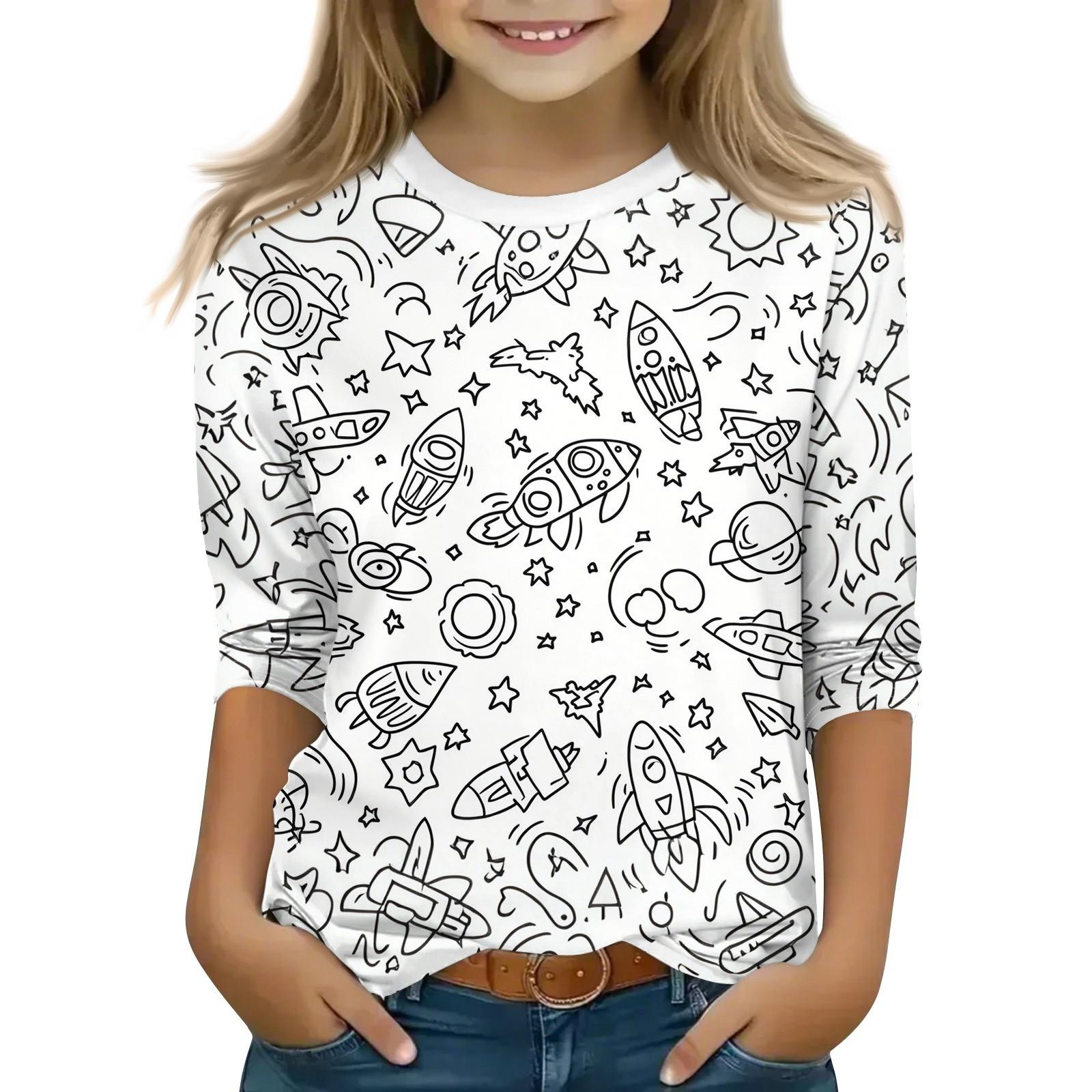 

Children s 3/4 Sleeve Tops Print T Shirt Round Neck Pullover Blouse Kid DIY Hand Painted Colorable Tops 160