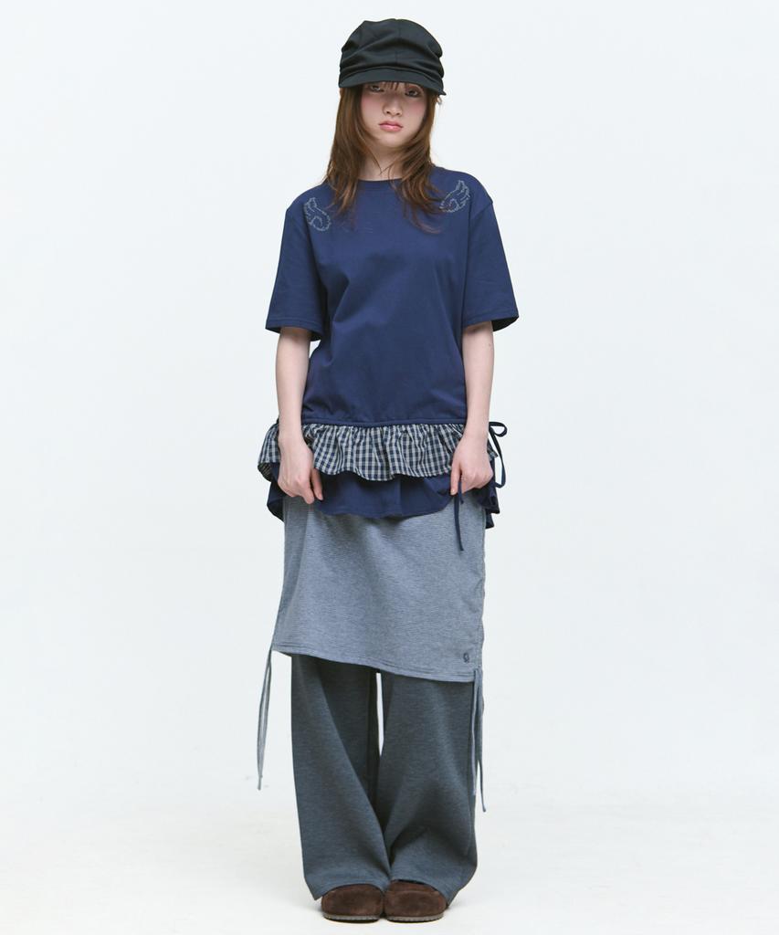 SOME PLACE Striped Color Block Shirred Strap Layered Midi Skirt Wide Pants Set [Charcoal]