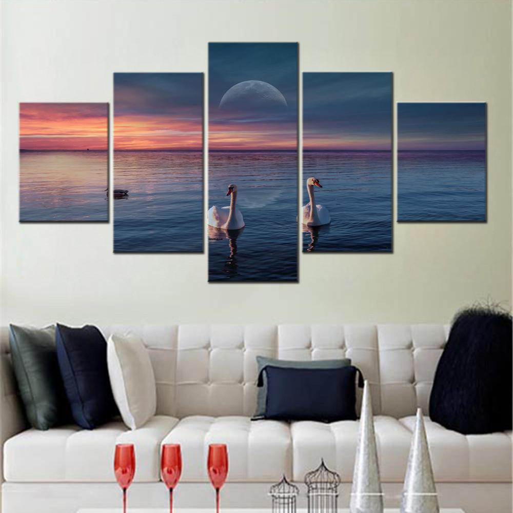 

5 Pieces Canvas Wall Arts Animals Home Decoration Picture Two Swans Lake Wallpaper Landscape Poster Painting For Living Room No Frame 20x35cm*2 20x45cm*2 20x55cm*1 No Frame