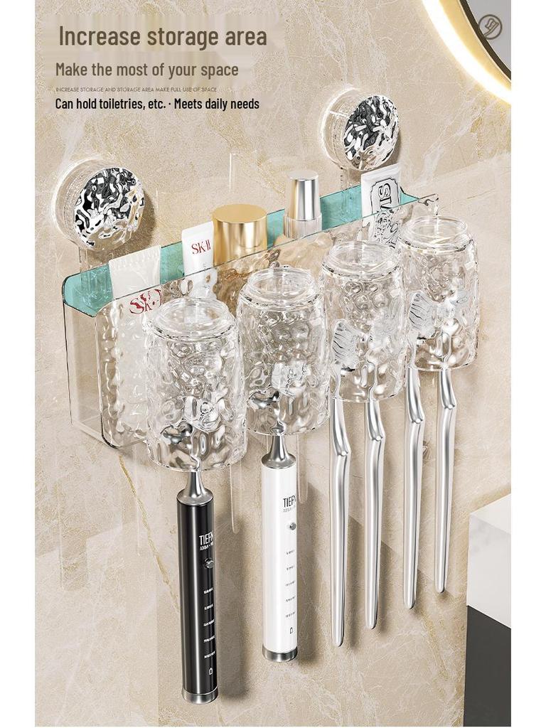 Wall-Mounted Suction Cup Toothbrush & Toothpaste Holder Set with Tooth Squeezer and Cup for Family Bathrooms