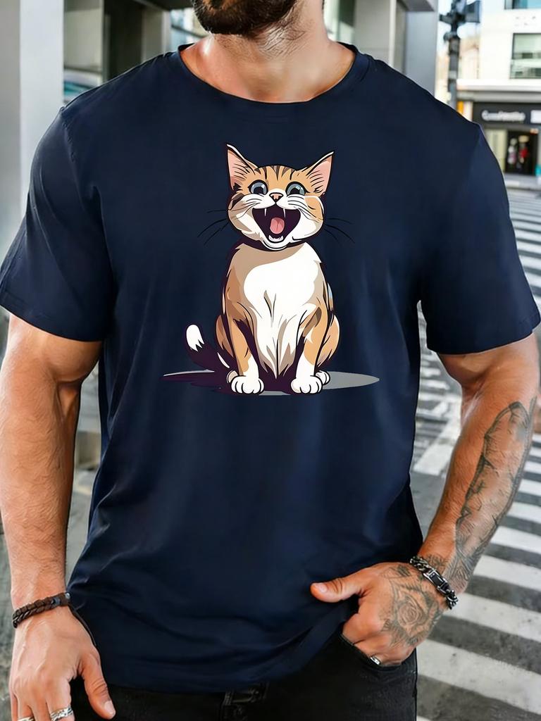 Loud Meowing Tabby Cat Cartoon Graphic Unisexs Crew Neck Short Sleeve Cotton T Shirt Cute Pet Animal Print Male Street Casual Top
