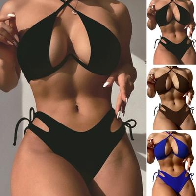 2Pcs/Set Women Summer Bikini Set Solid Color Hollow Out Halter Bra High Waist Lace-up Swimming Briefs Set Quick Drying Bathing Suit
