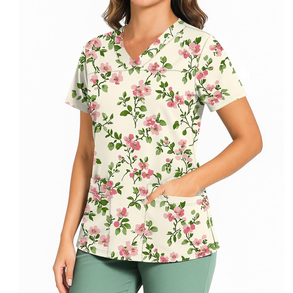 Women's Floral Print V Neck Medical Scrub Top with Side Slits Short Sleeve Professional Nurse Uniform Shirt for Healthcare Workers