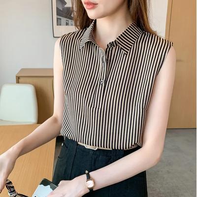 Damen Sommer Ärmellose Chiffon Gestreifte Weste Geknöpftes Revers Pendler Unterhemd