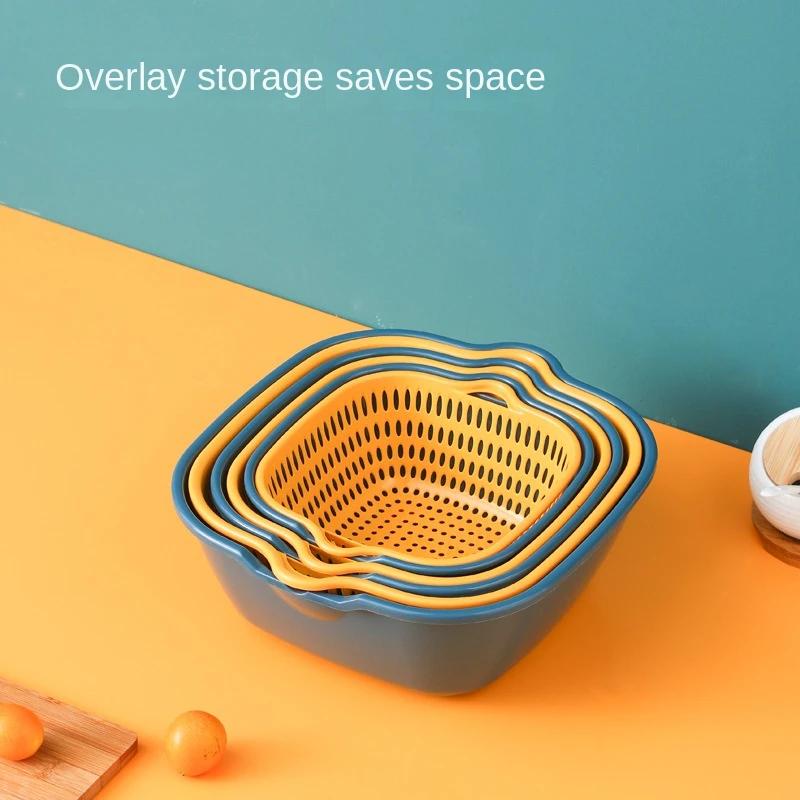 Double Layer Plastic Drain Basket for Fruits Vegetables Kitchen Utensils Square Leakproof Colander Multifunctional Wash Basin