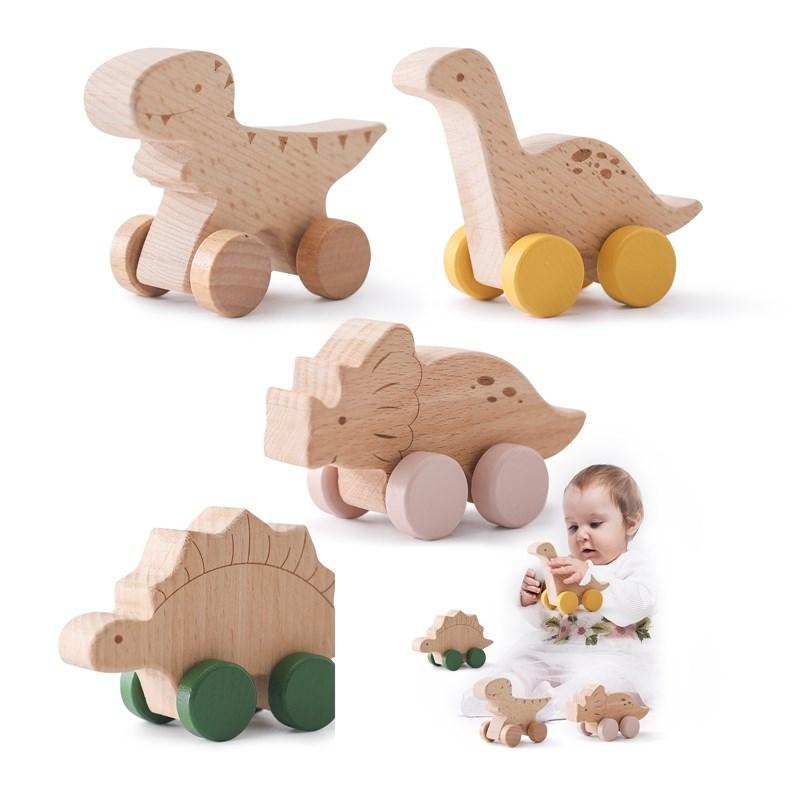 1PC Baby Wooden Toys Dinosaur Beech Wood Car Blocks Educational Montessori Toys Children Baby Teething Newborn Walnut Wooden Car