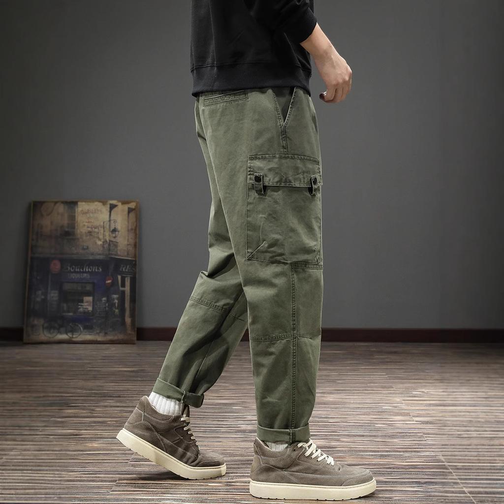 American trendy brand retro functional splicing overalls men's loose straight large size Harlan pants spring pure cotton casual pants