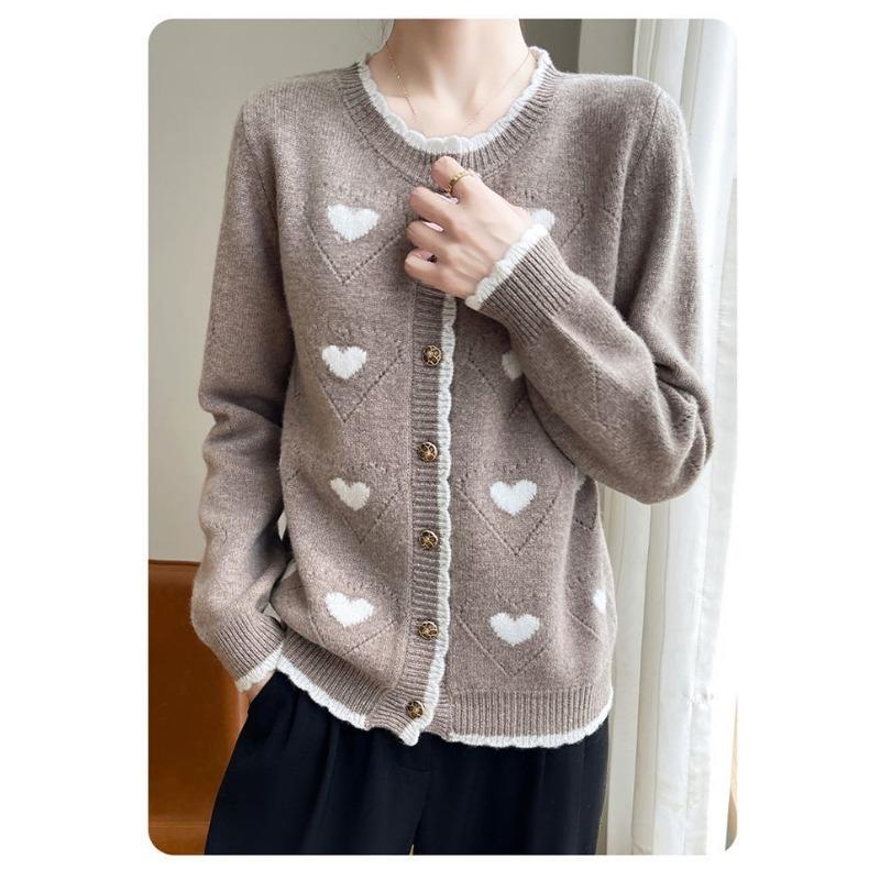 Love Hollow Crocheted Long-sleeved Sweater Jacket for Women Color-blocked Knitted Cardigan Sweet Top