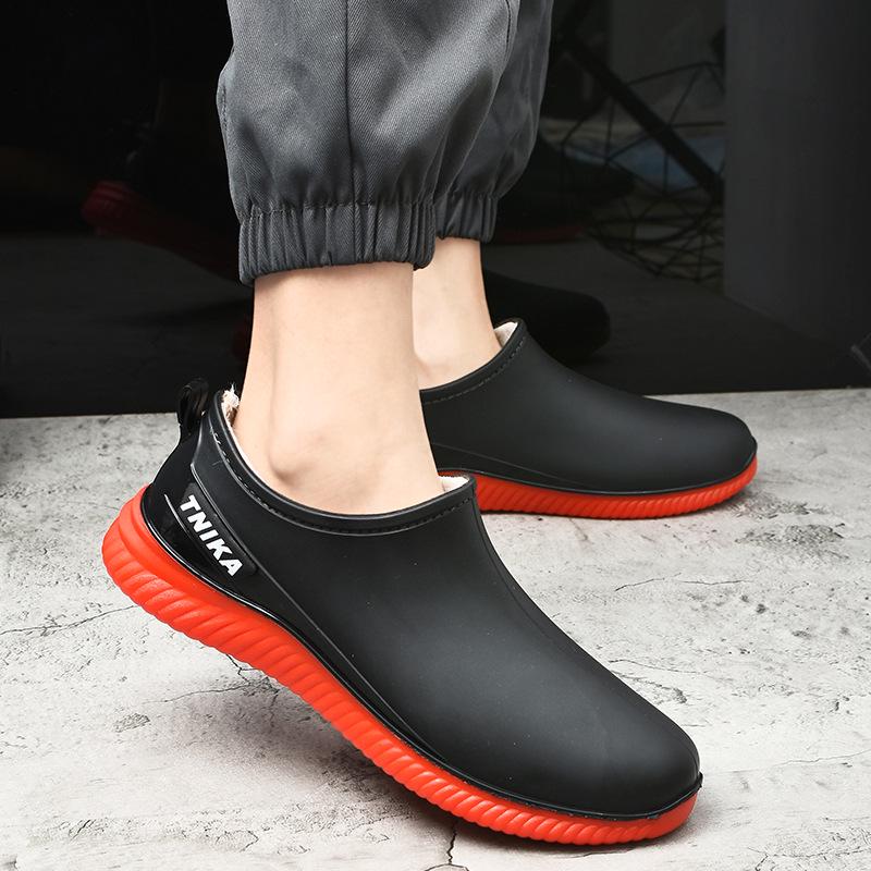 Men's Warm Lined Waterproof Low-Top Rain Boots - Anti-Slip Rubber Shoes for Fishing, Outdoor, Kitchen, or Work