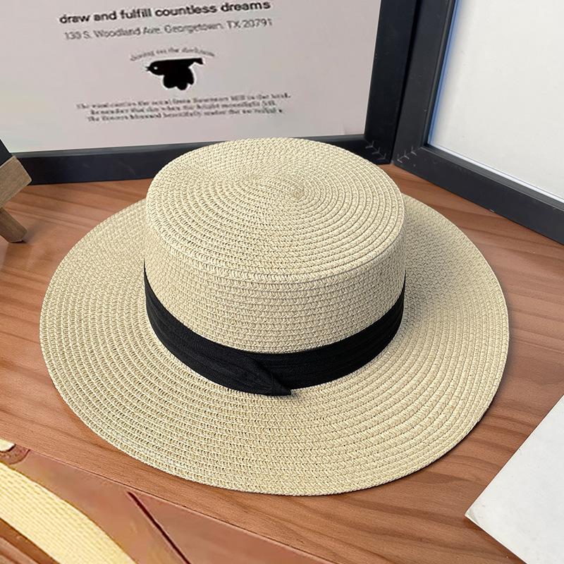 Flat Top Straw Hat Women'S Summer Vacation Style Beach Hat Large Brim Sun Protection Sun Hat French Top Hat