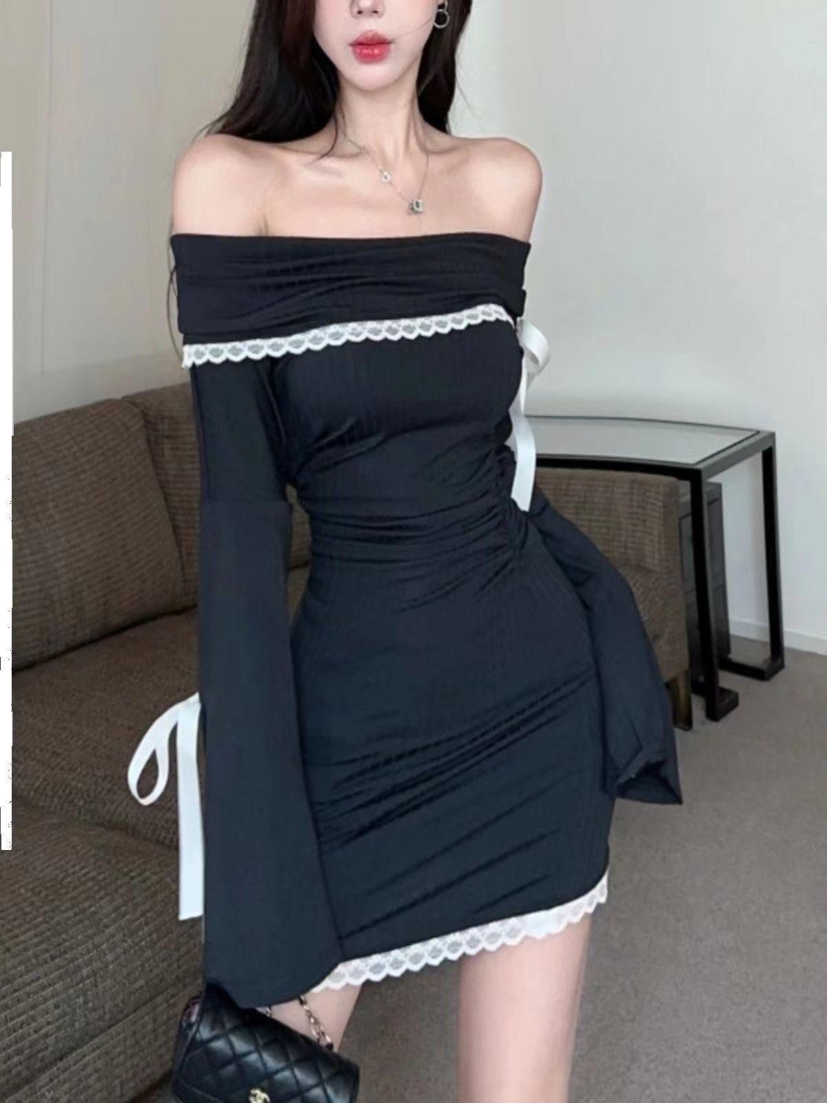 

Spring French temperament lace splicing one-word shoulder black long-sleeved dress female sexy horn sleeve hip-wrapped short skirt S чёрный