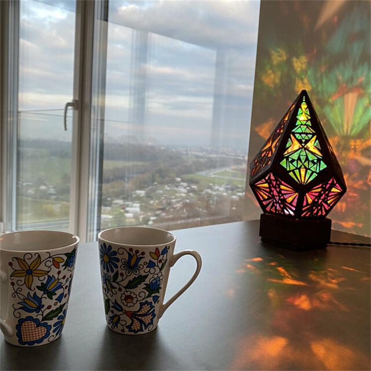 D2 Wooden Hollow Novelty Light LED Projection Night Lamp Bohemian Colorful Projector Desk Lamp Home Decor Atmosphere Lighting