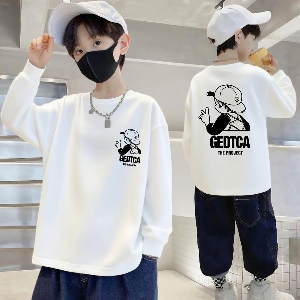 100% Pure Cotton Boys' Long-Sleeve Autumn T-Shirt - Loose Fit, Round Neck, Stylish Base Shirt for Kids