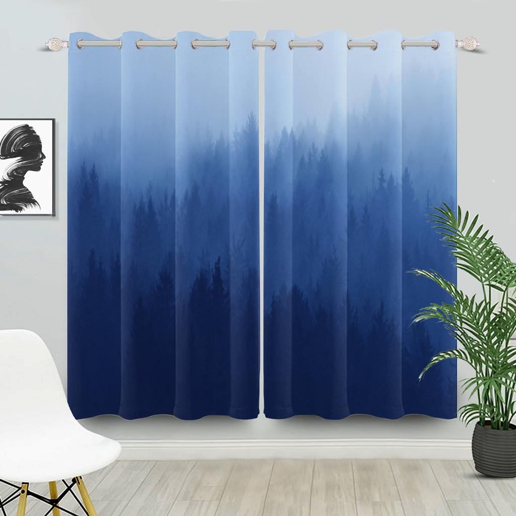 Misty Forest Landscape Curtains Gradient Nature Printed Living Room Bedroom Window Drapes Top Curtain Blackout For Made Of Polyester With Grommet