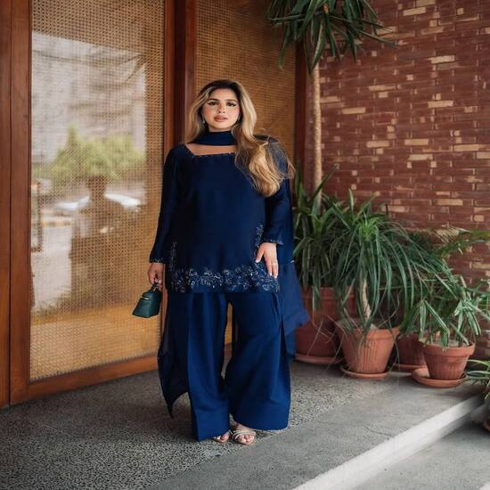 Elegant Navy Blue Kurti with Palazzo and Embroidered Hem
