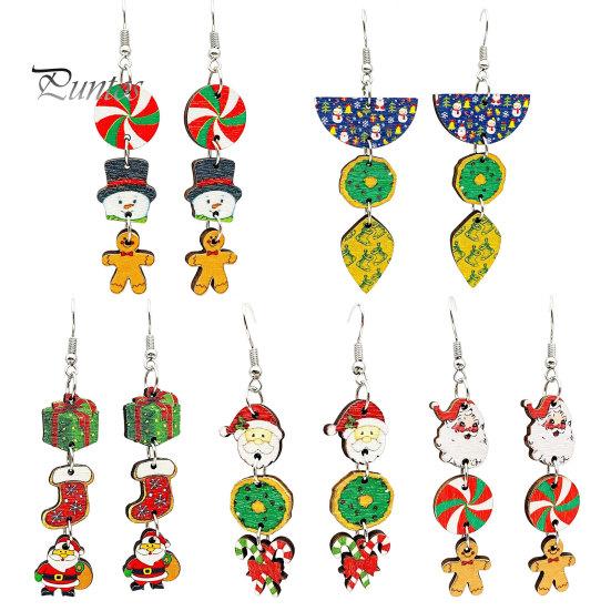 Decorative Wood Earrings 1 Pair Christmas Wooden Dangle Drop for Women, Cute Santa Fun Party Favors Gingerbread Candy Cane Earrings, Vintage