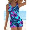 Summer Beach Pool Wear Flower Pattern Printed One Piece Boy Short Swimsuit Women Athletic Slim Fit Bathing Suit