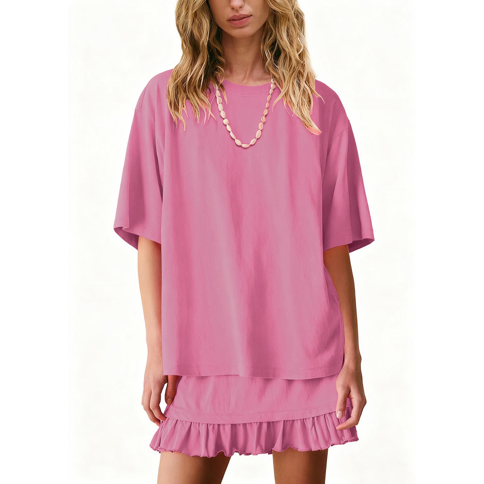 

Women s Fashion Solid Color Round Neck Short Sleeved Top And Skirt Two-piece Casual Set S рожевий