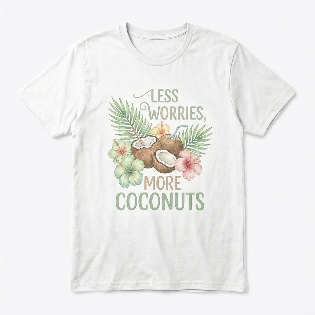 Less Worries More Coconuts T-Shirt Tropical Beach Vacation Graphic Tee S