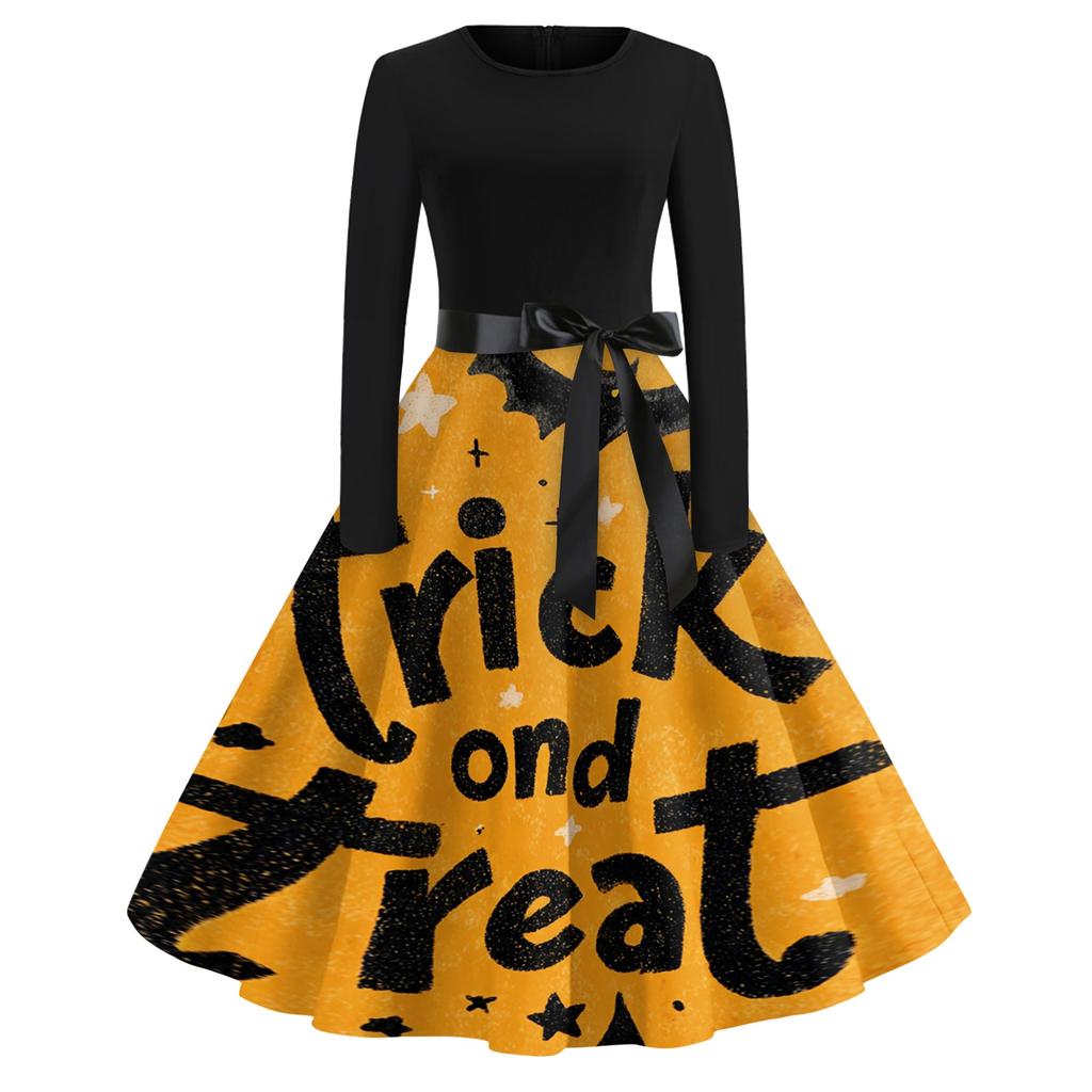 Women's Casual Long Sleeve Round Neck Vintage Halloween Print Midi Dress with Waist Tie Belt Retro Style
