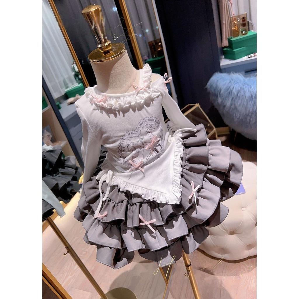Girls Sweet Cool Long Sleeve Lace Trim Tiered Dress Set for Spring Autumn