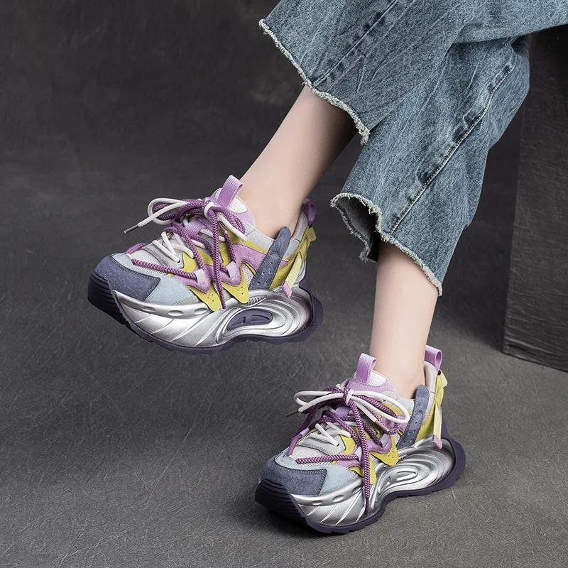 Fashion 6CM Spring Air Mesh Leather Pigskin Women Ankle Boots Flats Booties Mixed Color Fashion Chunky Sneaker Comfy Fall Summer Shoes