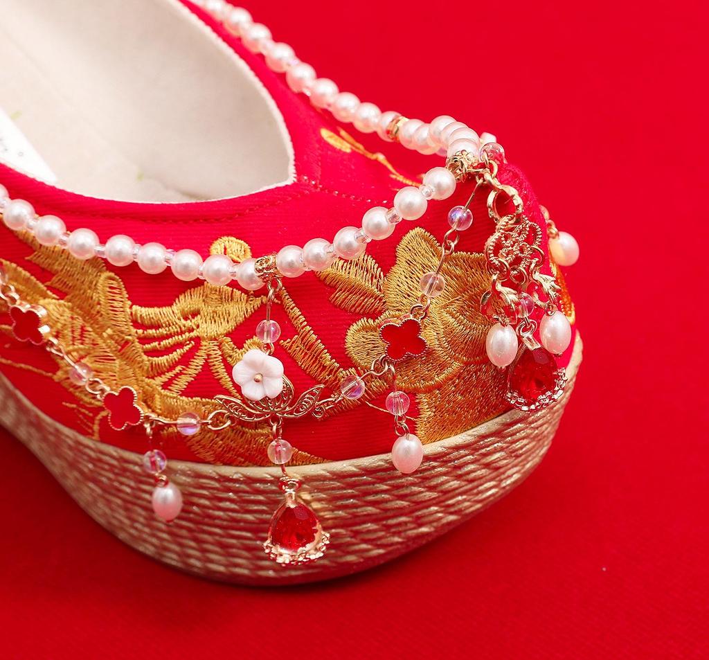 Show He Women's Spring Pearl Tassel High Heel Bridal Embroidered Shoes