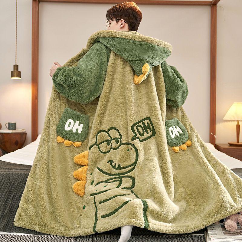 Autumn and Winter Pajamas Suit Men Coral Fleece Nightgown Winter Large Size of Thickened Warm Cartoon Hooded Home Clothes Set