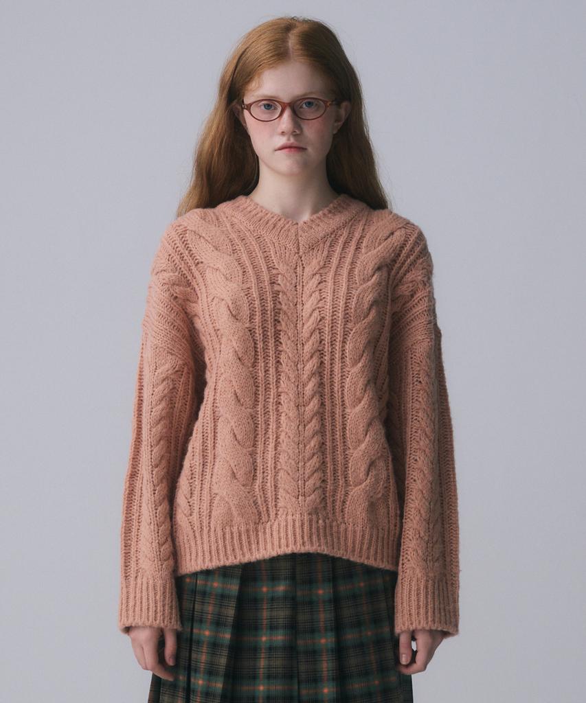 FUNFROMFUN V-Neck Cable Knit Pullover, Apricot