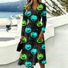 Women's Stylish Halloween Print Long Sleeve V-Neck Casual Dress with Pockets