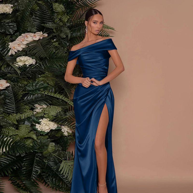 European and American Elegant Pleat off-Shoulder Dress Summer New Split Sexy Guest dresses Slimming Slim fit Hip Skirt