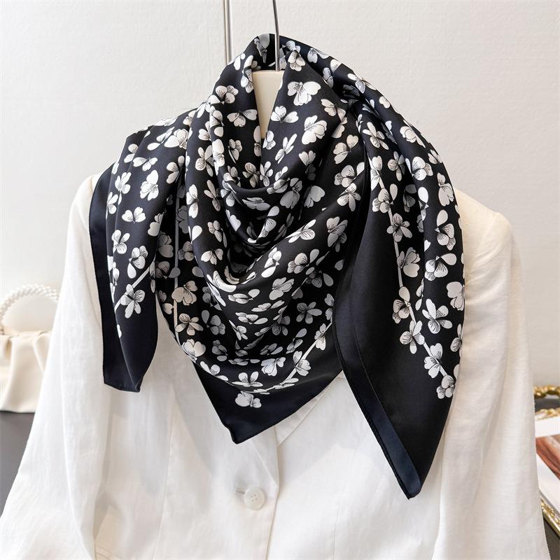 90*90Cm Summer Thin Square Scarf Women Silk Scarves Foulard Bandanas Luxury Beach Shawl Wraps Floral Printed Hijab Neckerchief