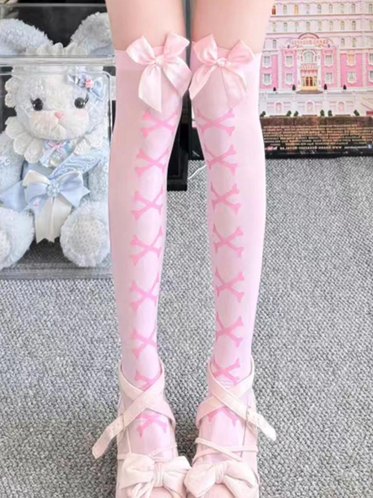 1 Paar Japanische Schleife Y2K Lolita Oberschenkelhohe Socken Damen Bein Schlankmachend Rutschfest Anime Expo/Lolita Teeparty/JK Treffen