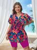 European & American Plus Size Floral Tankini Skirt Set In Deep Red