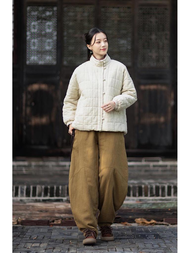Women's Winter Quilted Plaid Stand Collar Coat - Chinese Retro Style