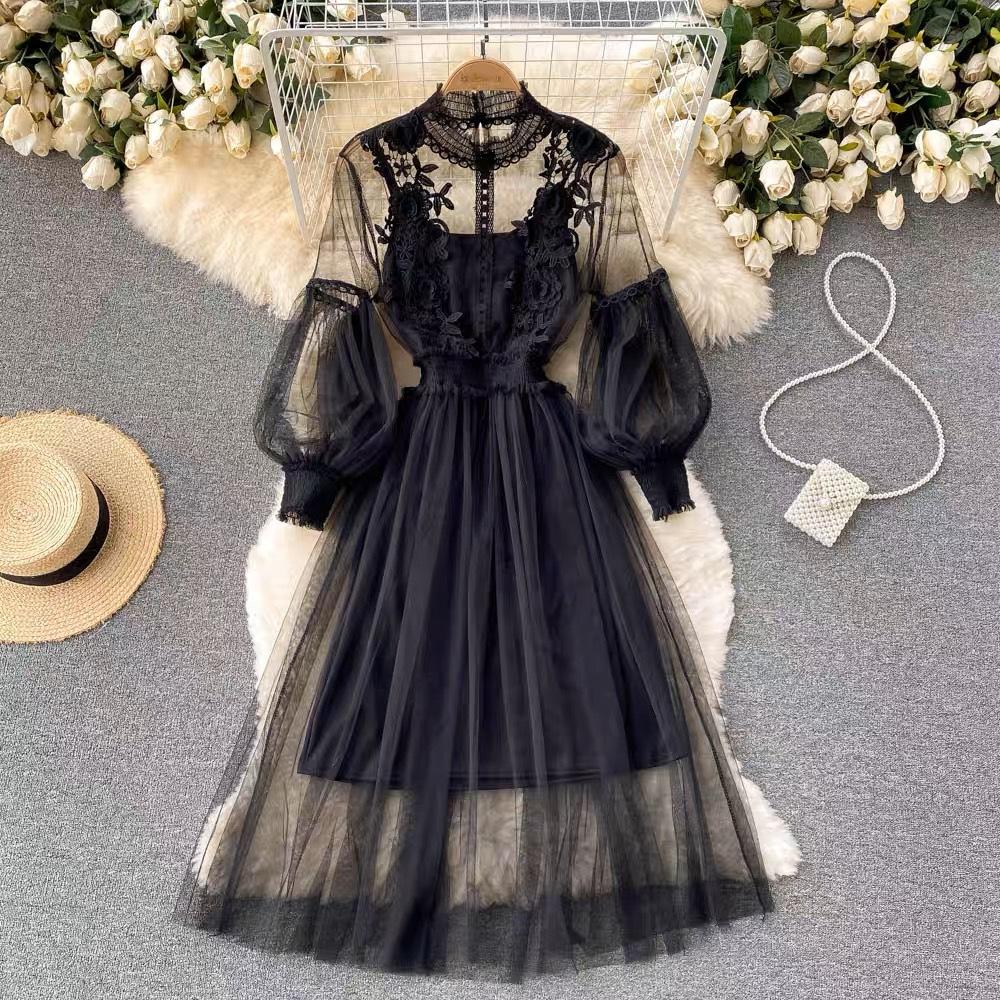 Women's Dress Three-dimensional Flowers Mesh Temperament Collar Lantern Sleeve High-waisted Dresses