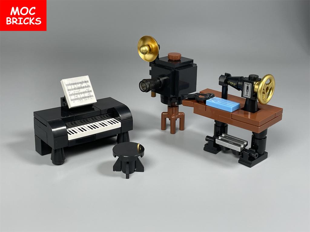 MOC Bricks House Mini Retro Furniture Kitchen Tool Sewing Machine House Living Room Accessories DIY Building Blocks Kids Toy