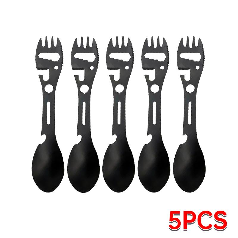 10-in-1 Outdoor Gabel Löffel Multifunktions Geschirr Rostfreies Küchenmesser Gabel Schraubenschlüssel Flaschenöffner Pfeife Camping Zubehör