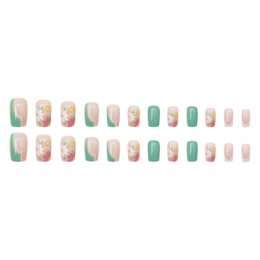 Elegant Light Green Floral Nail Art Tips - Stylish European & American Fashion