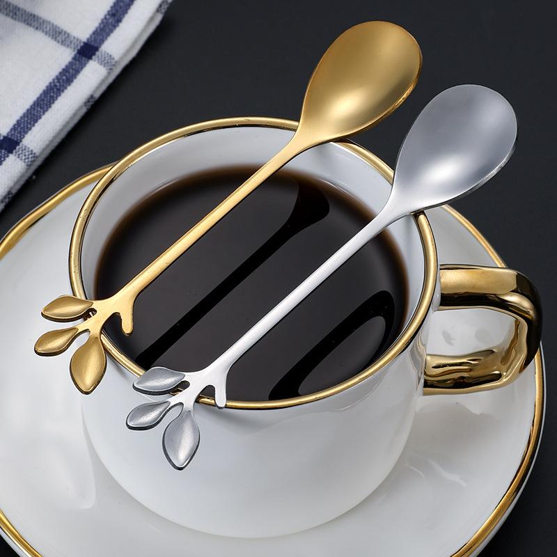 6PCS/Set Stainless Steel Gold Leaf Coffee Spoon 16.4cm Ice-Cream Tea Stirring Spoons for Tea, Coffee