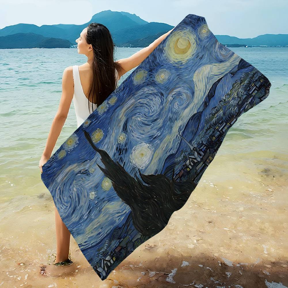 Van Gogh Starry Sky Art Microfiber Printed Beach Towel Mountain Climbing Yoga Beach Swimming Running Absorbent Soft Towel