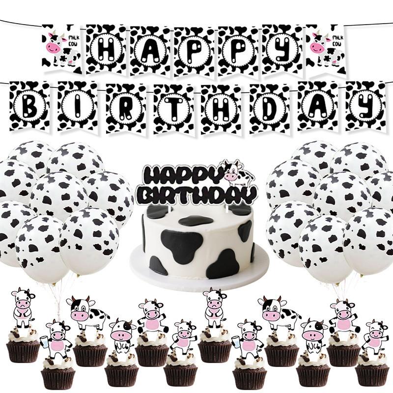 Cow Birthday Party Decor Set With Farm Animal Theme Paper Flags Balloons And Banners
