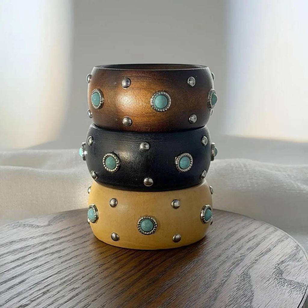 Salircon 2026 New Irregular Hyperbole Wooden Cuff Bangles Women Creative Round Geometric Wide Inlaid Turquoise Bracelets Jewelry