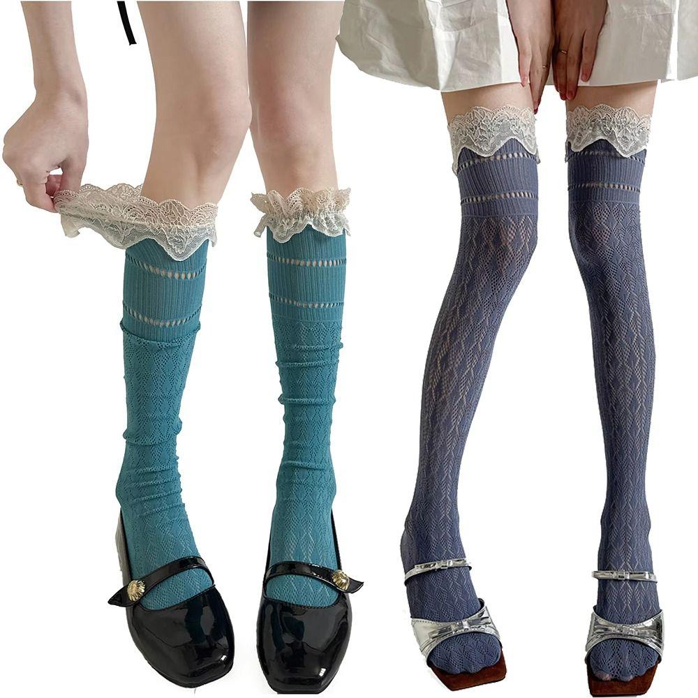 Lace Trim Knee-high Socks Hollow Out Boot Socks Lolita JK Calf Socks  Spring Summer