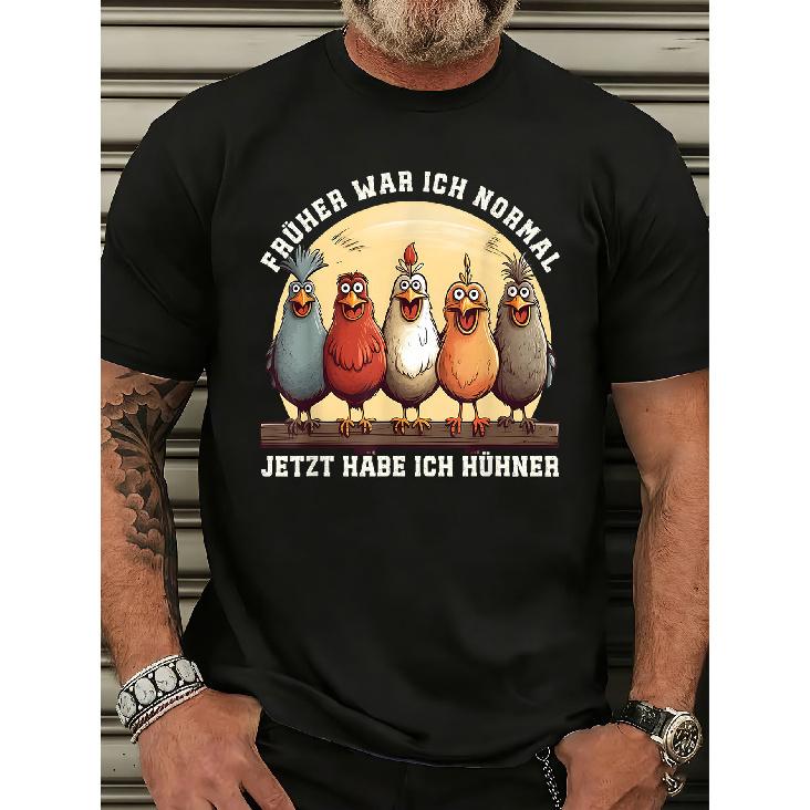 Black T Shirt with Chicken Cartoon Print And German Text for Casual Wear