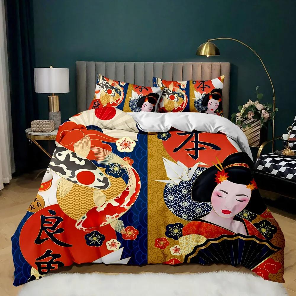 Japanese Style Bedding Set Traditional Kimono Motifs Comforter Cover Queen Size,Tokyo Duvet Cover Geisha Japan Asian Quilt Cover